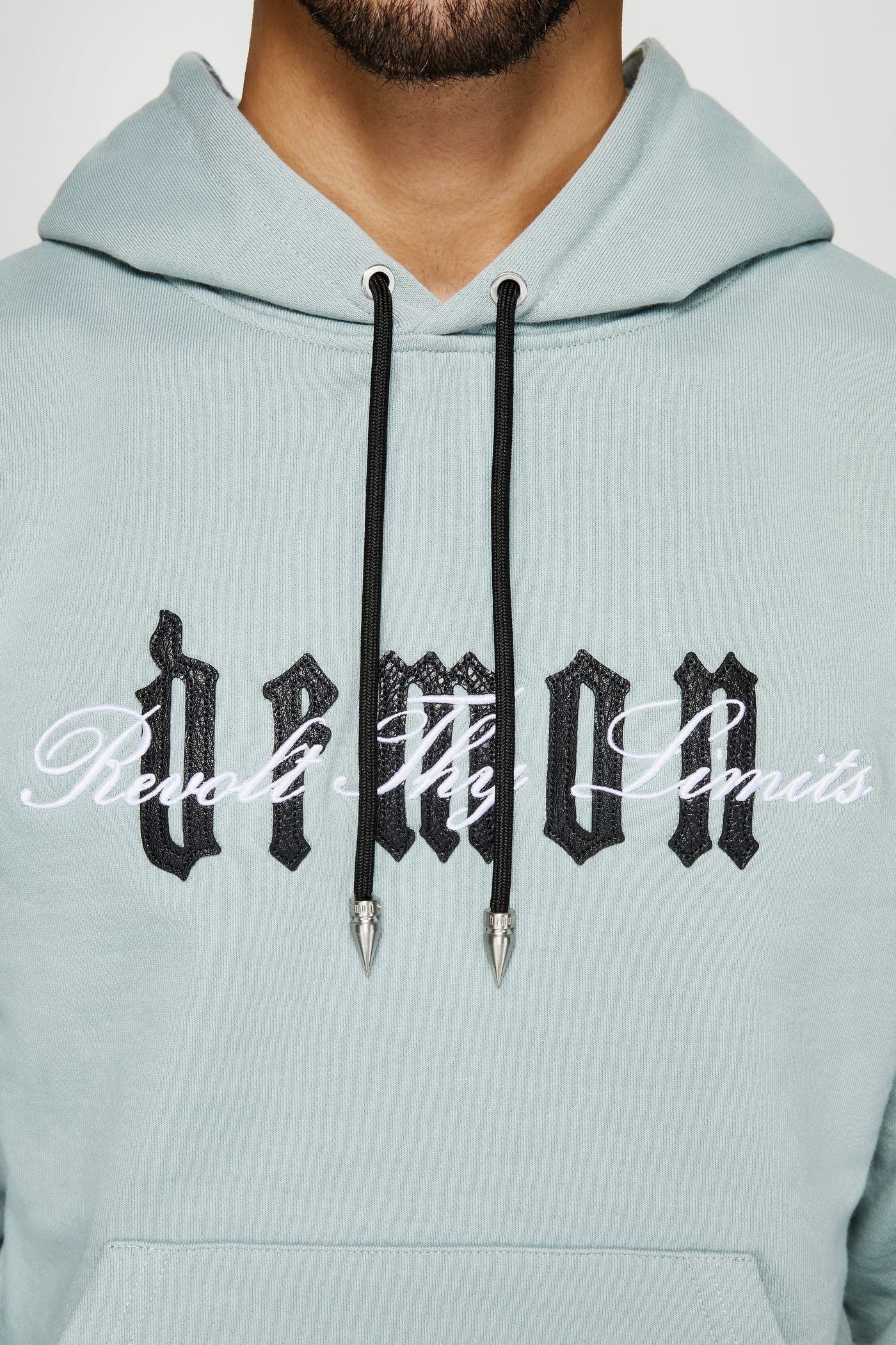 SCRIPTED LEATHER HOODED SWEATSHIRT - IRON BLUE
